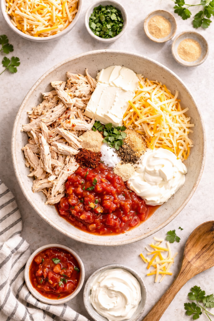 Chicken taquitos filling ingredients in a mixing bowl before stirring, including shredded chicken, cheese, salsa, sour cream, cream cheese, and spices