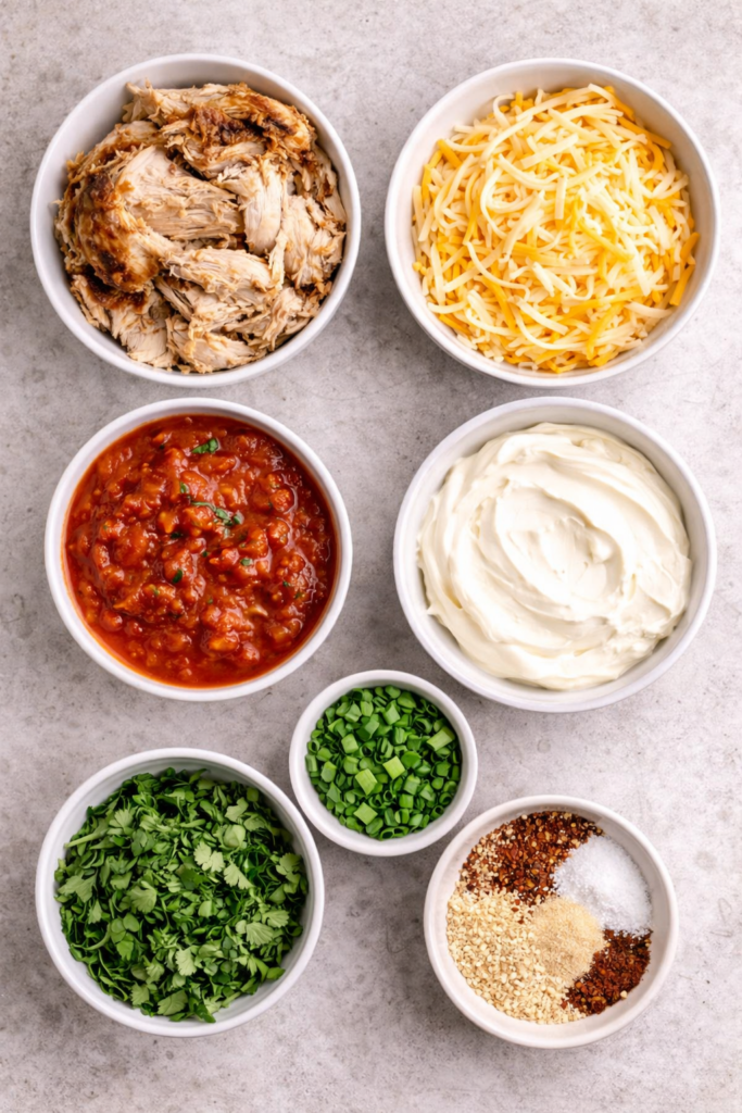 Bowls of shredded chicken, cheese, salsa, cream cheese, herbs, and seasonings for homemade chicken taquitos