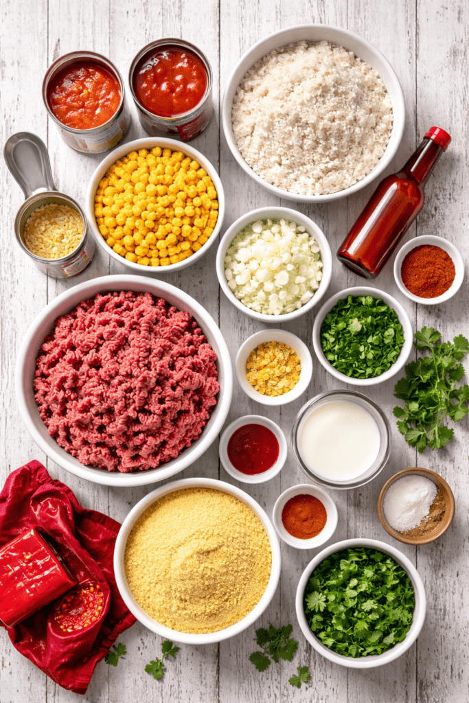 Ingredients for chili with corn dumplings including ground beef, cornmeal, tomatoes, onions, corn, milk, chili powder, and fresh herbs arranged in a flat lay.