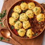Chili with corn dumplings baked in a copper pan, topped with fresh herbs and served as a cozy one-pot comfort food dinner.