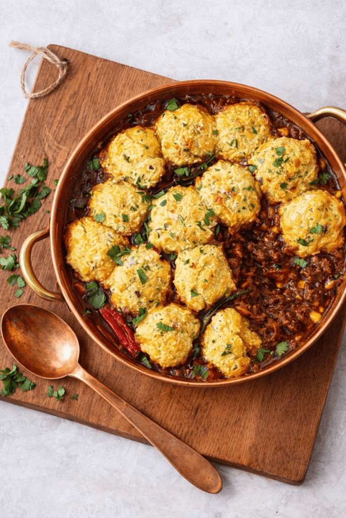 Chili with corn dumplings baked in a copper pan, topped with fresh herbs and served as a cozy one-pot comfort food dinner.