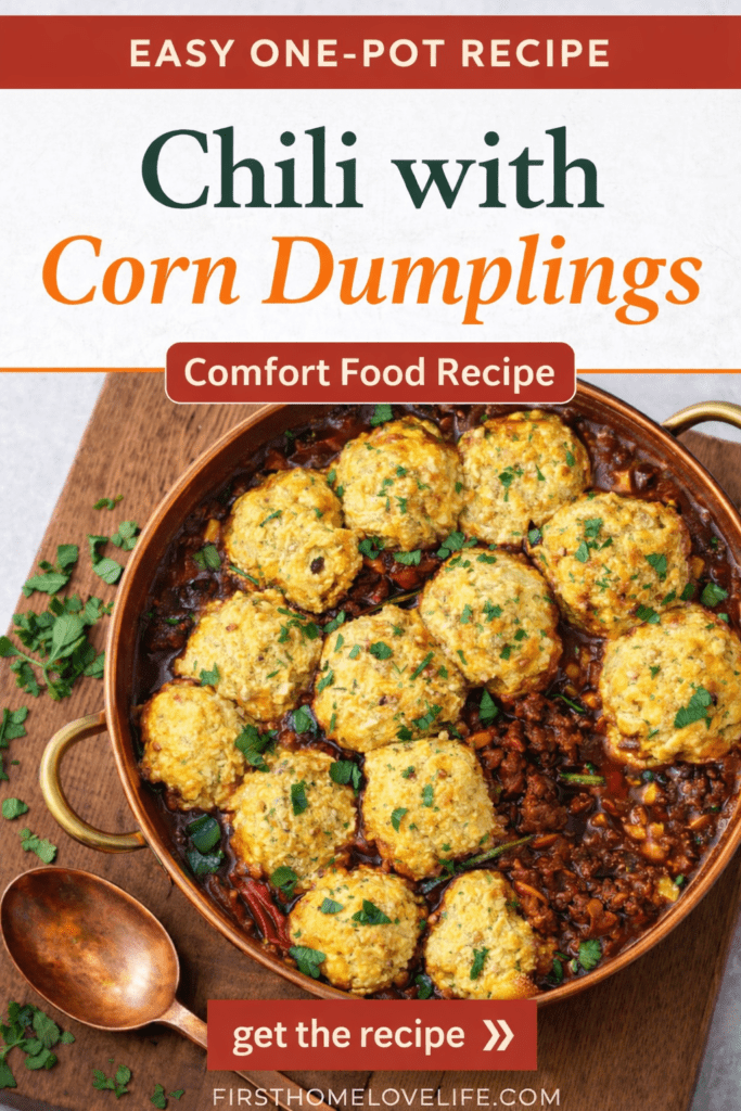 Pinterest graphic for chili with corn dumplings, an easy one-pot comfort food recipe topped with golden corn dumplings and fresh herbs.