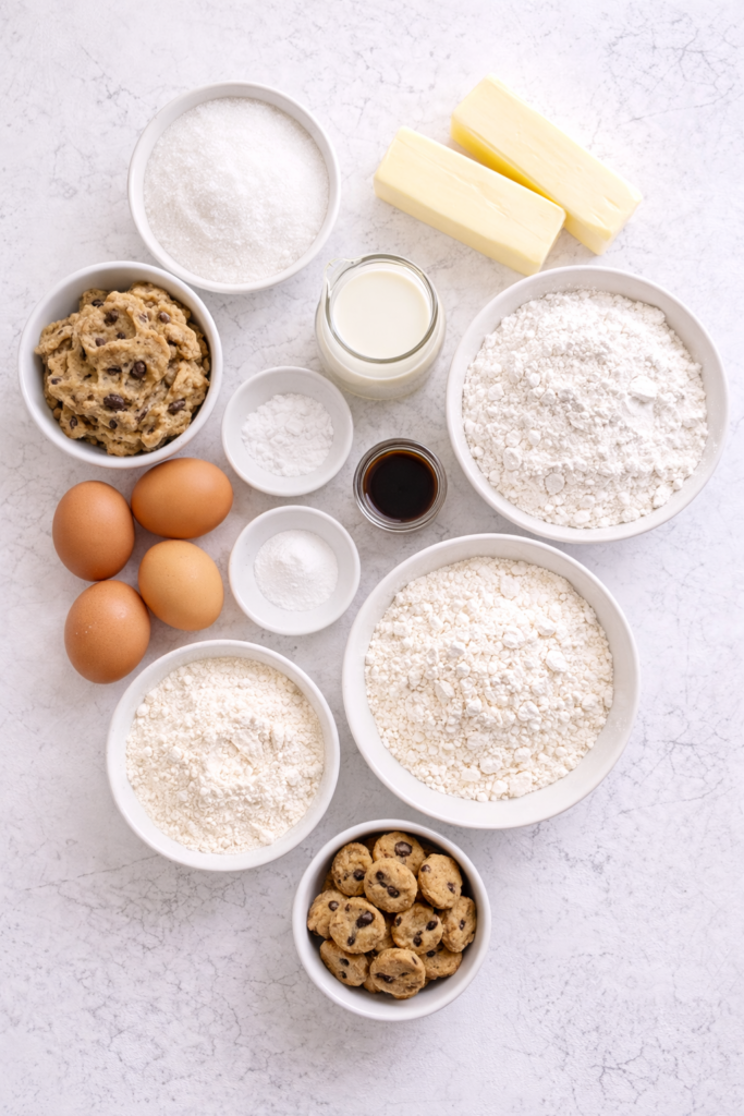 Flat lay of ingredients for chocolate chip cookie cupcakes on a light marble background