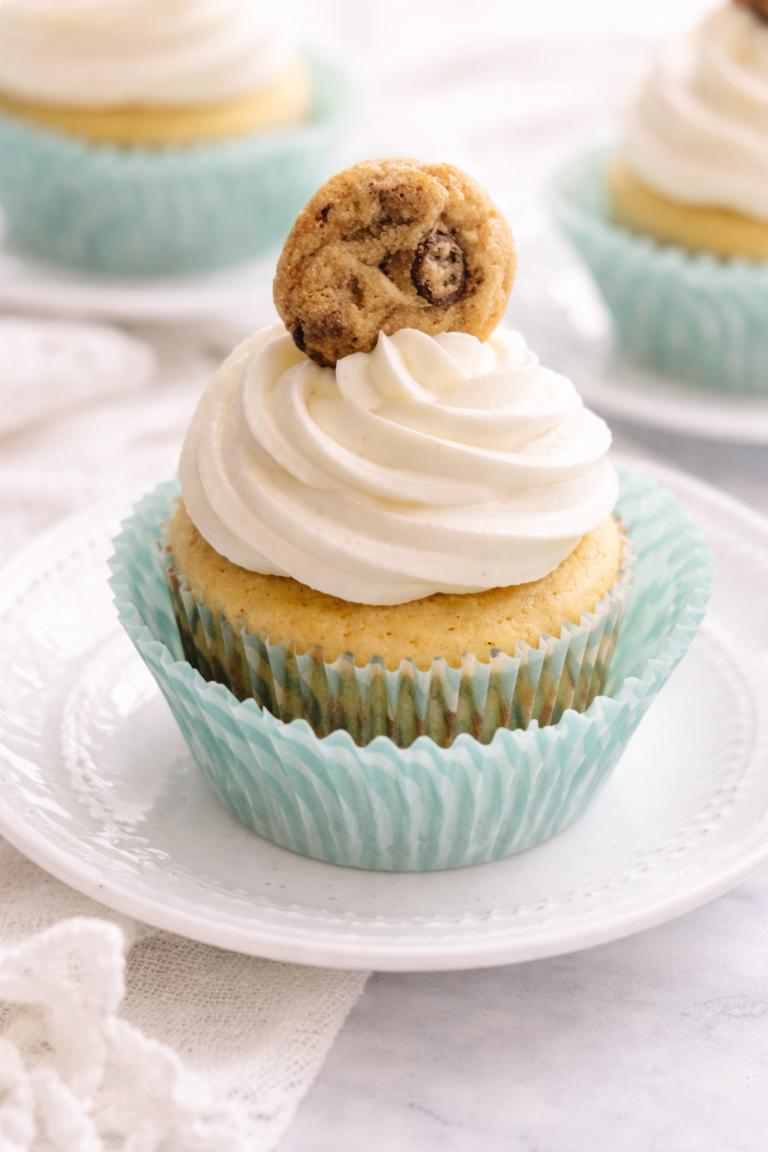 Chocolate chip cookie cupcake with vanilla frosting and mini cookie topper on a white plate