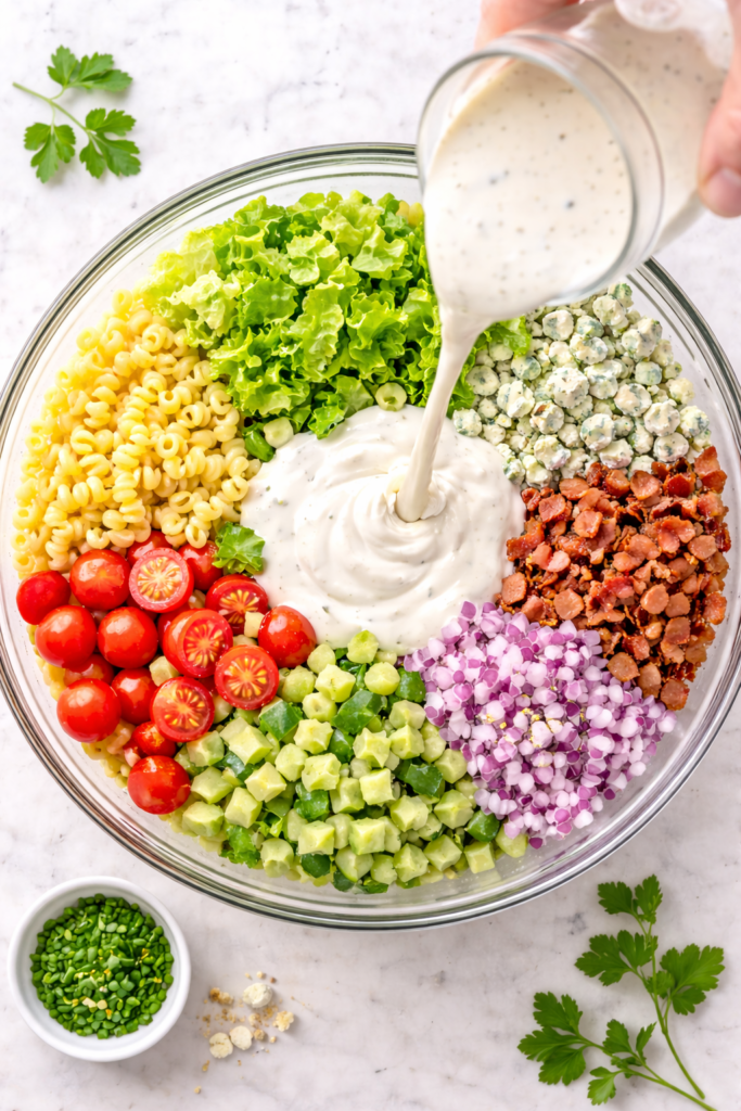 Bird’s-eye view of chopped wedge pasta salad ingredients in a glass mixing bowl with elbow macaroni, romaine lettuce, bacon, tomatoes, blue cheese, and creamy dressing being poured in.