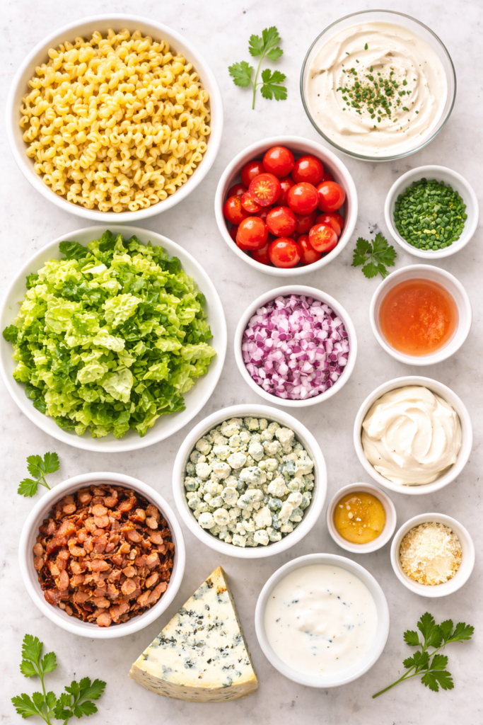 Flat lay of chopped wedge pasta salad ingredients including elbow macaroni, romaine lettuce, bacon, cherry tomatoes, blue cheese, and creamy dressing on a marble surface.