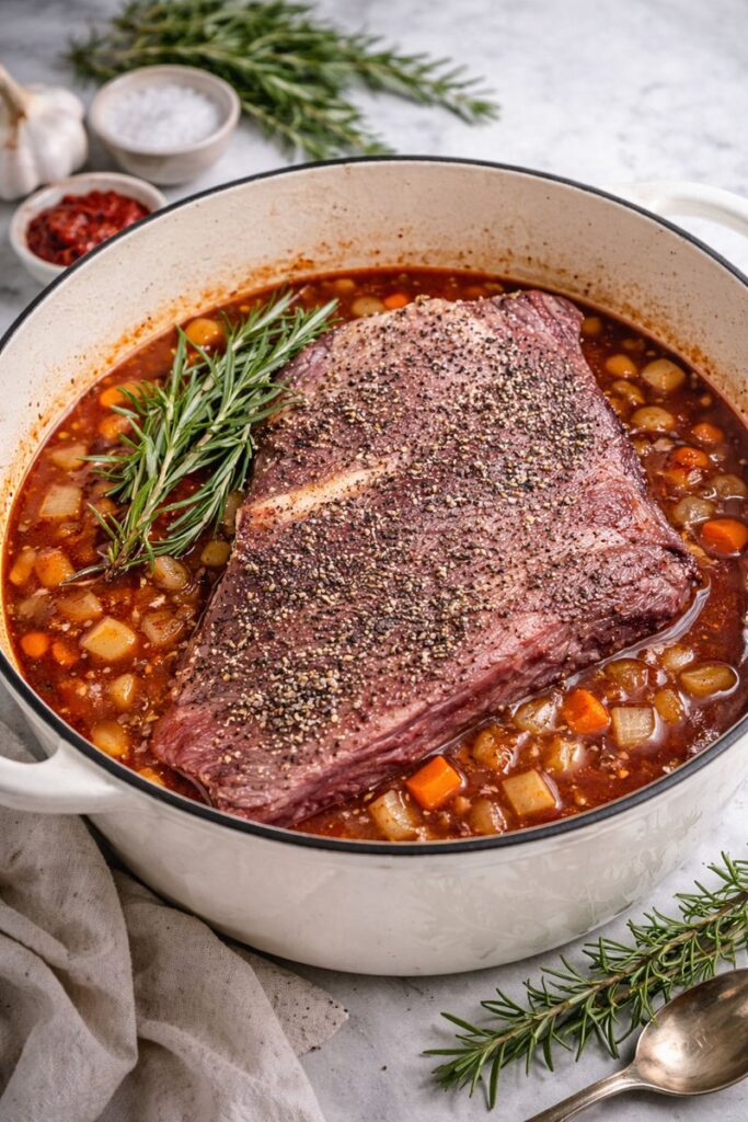 Chuck riblets before braising in red wine and beef broth with carrots, celery and onion