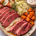 Classic corned beef and cabbage served on rustic pottery with potatoes, carrots, and creamy horseradish sauce mixed with beef juices on a marble countertop for Saint Patrick’s Day.