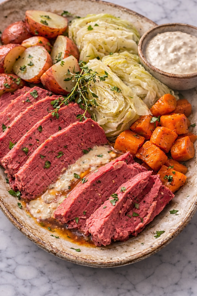 Classic corned beef and cabbage served on rustic pottery with potatoes, carrots, and creamy horseradish sauce mixed with beef juices on a marble countertop for Saint Patrick’s Day.