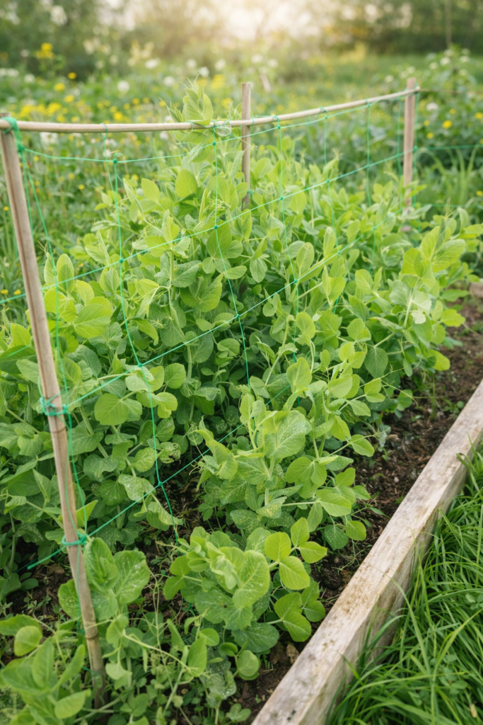 Climbing pea plants growing on a trellis in a raised garden bed during early spring.