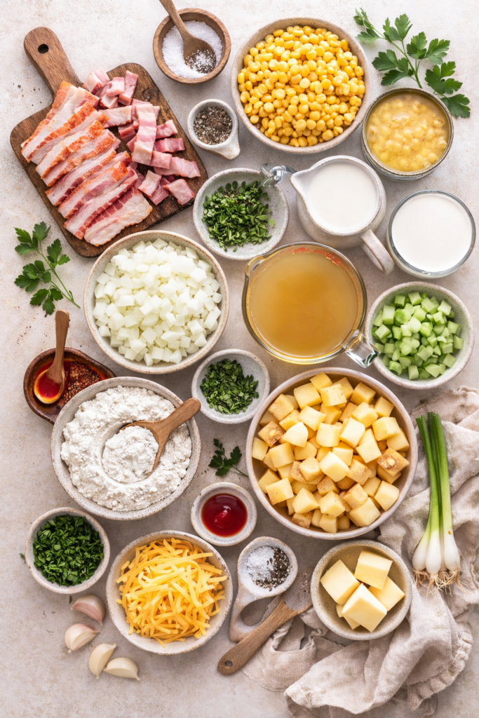 Flat lay of ingredients for creamy corn and bacon chowder including bacon, potatoes, corn, broth, milk, cream, onion, celery, and fresh herbs on a neutral background.