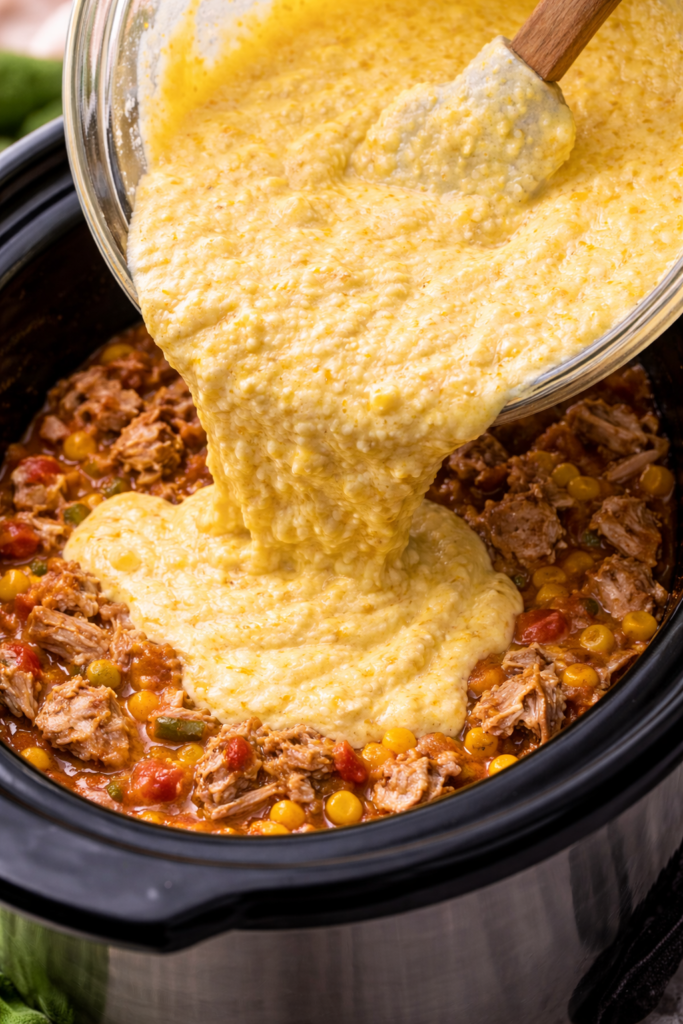 Cornbread batter being poured over shredded pork, corn, and tomato filling in a slow cooker while making homemade tamale pie.