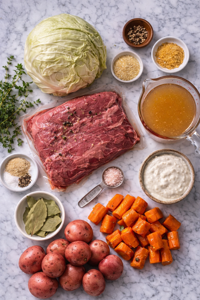 Flat lay of ingredients for classic corned beef and cabbage including corned beef brisket, cabbage, potatoes, carrots, herbs, spices, and horseradish sauce on a marble countertop.