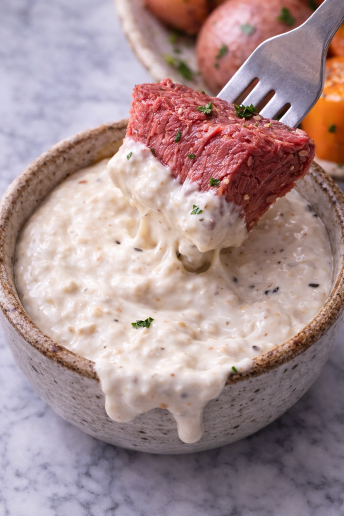 A piece of tender corned beef being dipped into creamy horseradish sauce with the sauce spilling over a rustic bowl on a marble surface.