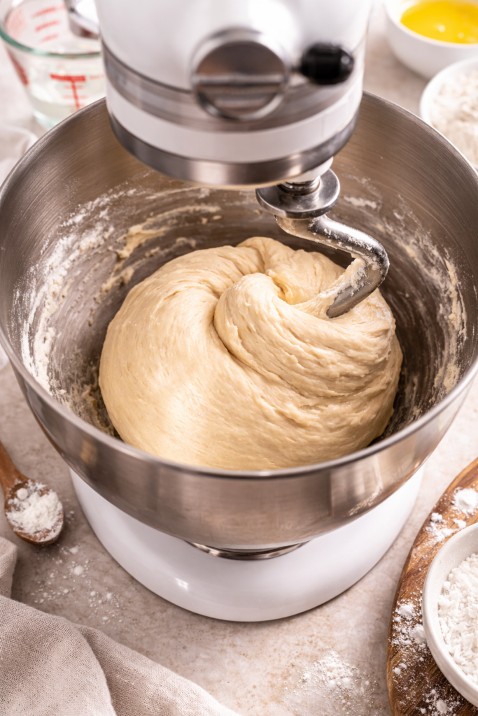 Yeast dough being mixed in a stand mixer with a dough hook for cranberry Brie bubble bread.