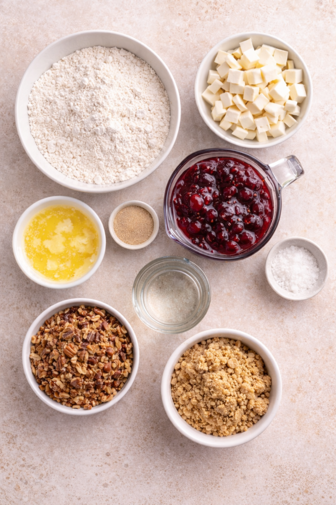 Flat lay of cranberry Brie bubble bread ingredients in white bowls including flour, cubed Brie cheese, cranberry sauce, chopped pecans, yeast, butter, brown sugar, salt, and water.