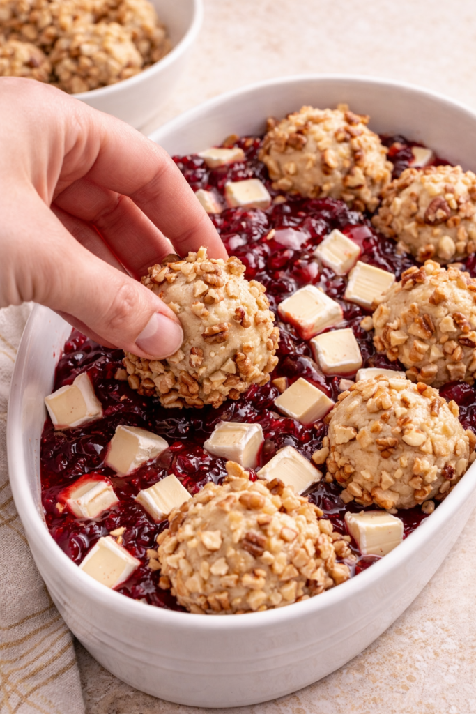 Nut-coated dough balls being layered into a baking dish with cranberry sauce and Brie cheese for cranberry Brie bubble bread.