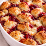 Cranberry Brie bubble bread baked in a white dish with golden pull-apart rolls, melted Brie cheese, cranberry sauce, and chopped pecans.