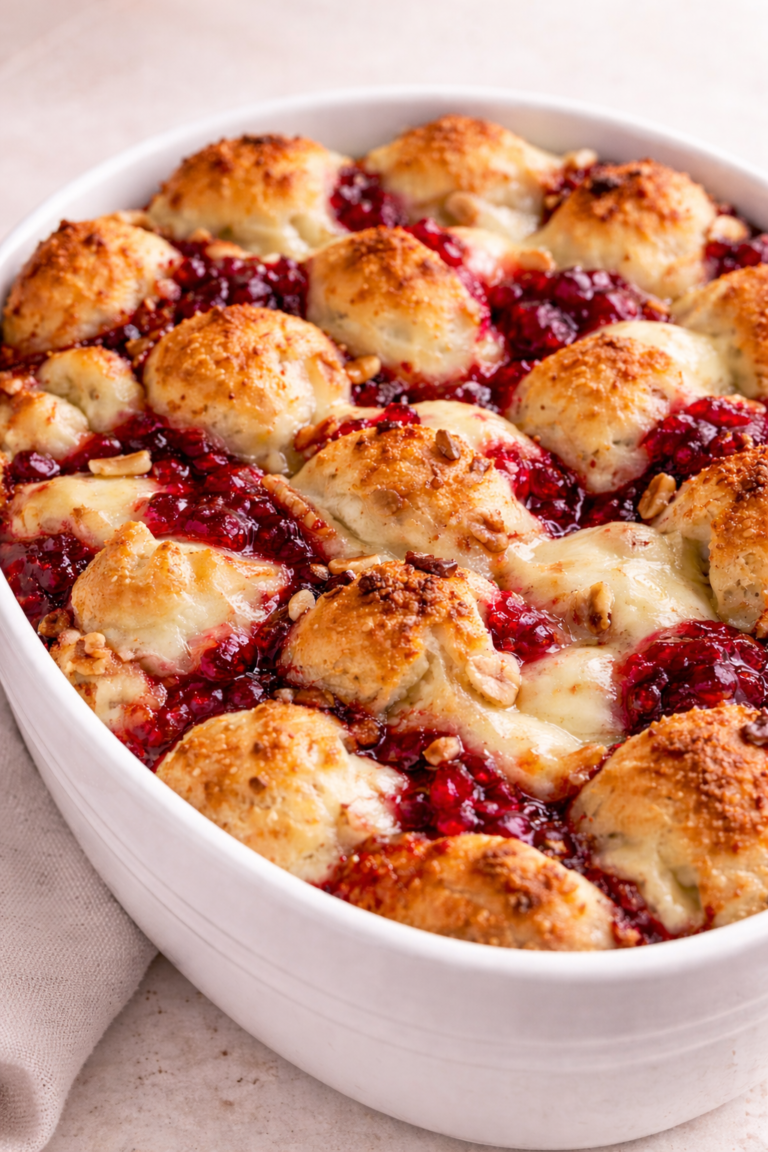Cranberry Brie bubble bread baked in a white dish with golden pull-apart rolls, melted Brie cheese, cranberry sauce, and chopped pecans.