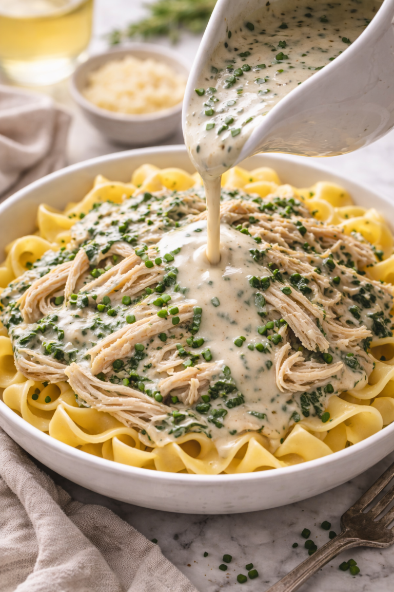 Shredded crockpot Boursin spinach chicken served over egg noodles with creamy sauce being poured on top