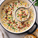 Creamy corn and bacon chowder in a black enameled cast iron pot with a ladle and crusty bread on a neutral linen background.