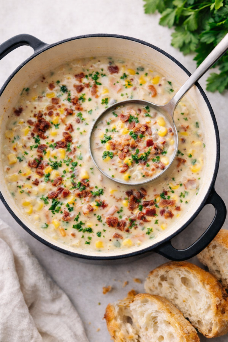 Creamy corn and bacon chowder in a black enameled cast iron pot with a ladle and crusty bread on a neutral linen background.