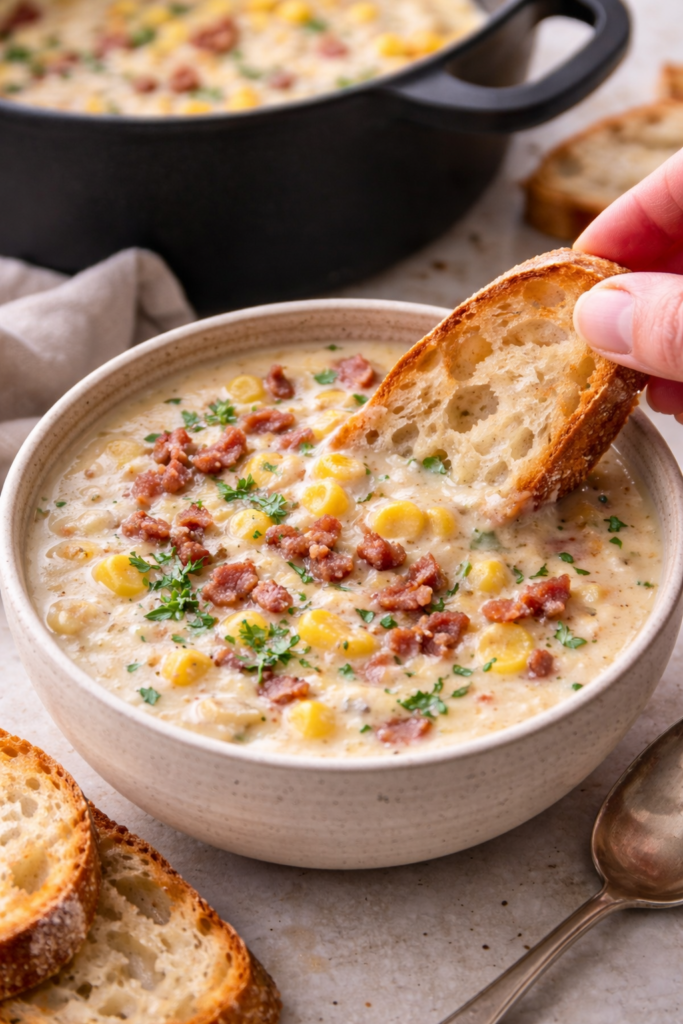 Bowl of creamy corn and bacon chowder with toasted sourdough bread being dipped, with a black cast iron pot of soup in the background.