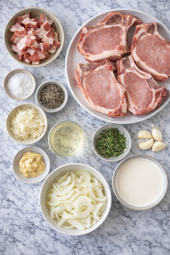 Flat lay of ingredients for creamy garlic bacon pork chops including bone-in pork chops, bacon, garlic, onion, rosemary, parmesan cheese, Dijon mustard, cream, and seasonings on a marble surface.