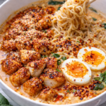 Creamy garlic buffalo chicken ramen topped with soft boiled egg, spinach, mushrooms, parmesan, and chili crisp in a white bowl.