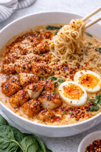 Creamy garlic buffalo chicken ramen topped with soft boiled egg, spinach, mushrooms, parmesan, and chili crisp in a white bowl.