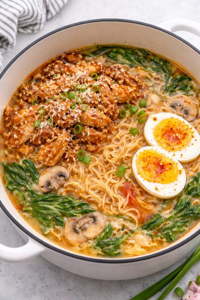 Creamy garlic buffalo chicken ramen in a white cast iron pot with spinach, mushrooms, parmesan, and soft boiled eggs.