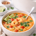 Bowl of creamy Thai red curry soup with shrimp, rice noodles, cilantro, and lime wedges, with a white Dutch oven in the background on a marble countertop.