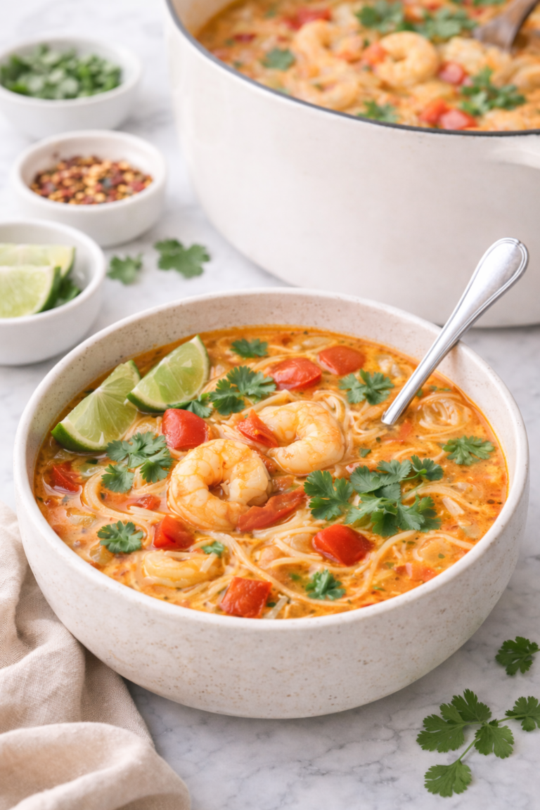 Bowl of creamy Thai red curry soup with shrimp, rice noodles, cilantro, and lime wedges, with a white Dutch oven in the background on a marble countertop.