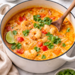 Creamy Thai red curry soup with shrimp and rice noodles in a white Dutch oven on a marble countertop, topped with cilantro and lime.