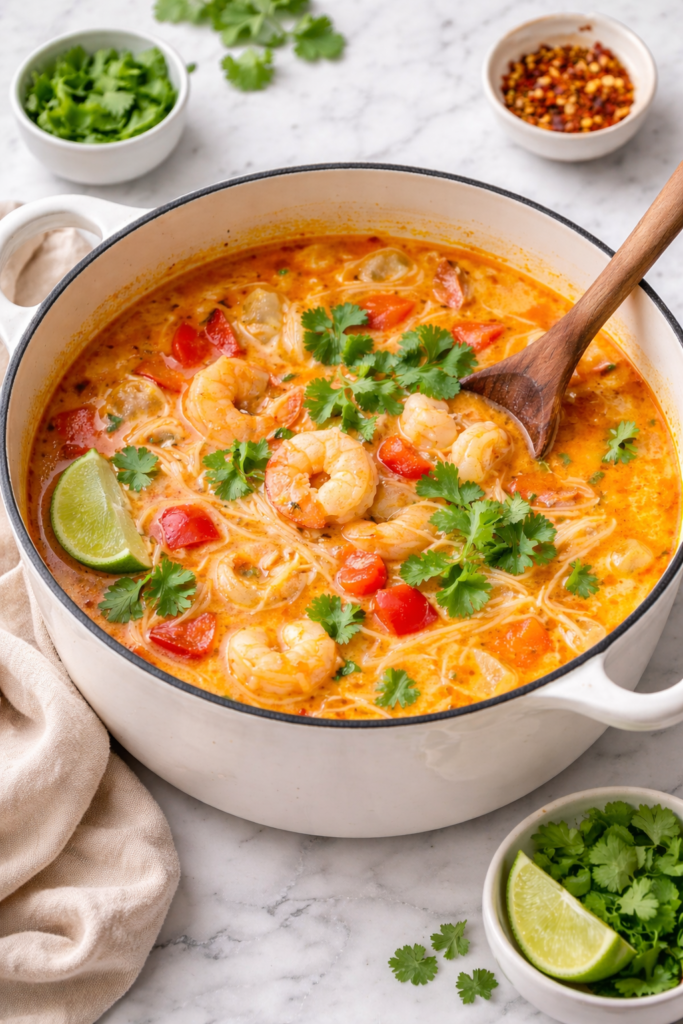 Creamy Thai red curry soup with shrimp and rice noodles in a white Dutch oven on a marble countertop, topped with cilantro and lime.