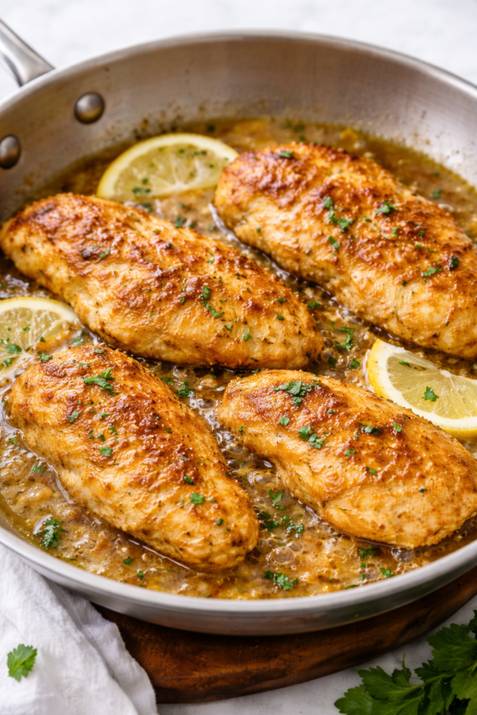 Garlic butter Creole chicken searing in a one pan skillet with herbs and lemon slices