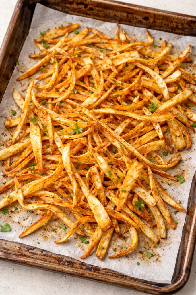 Crispy baked parsnip fries roasted on a well used baking sheet lined with parchment paper