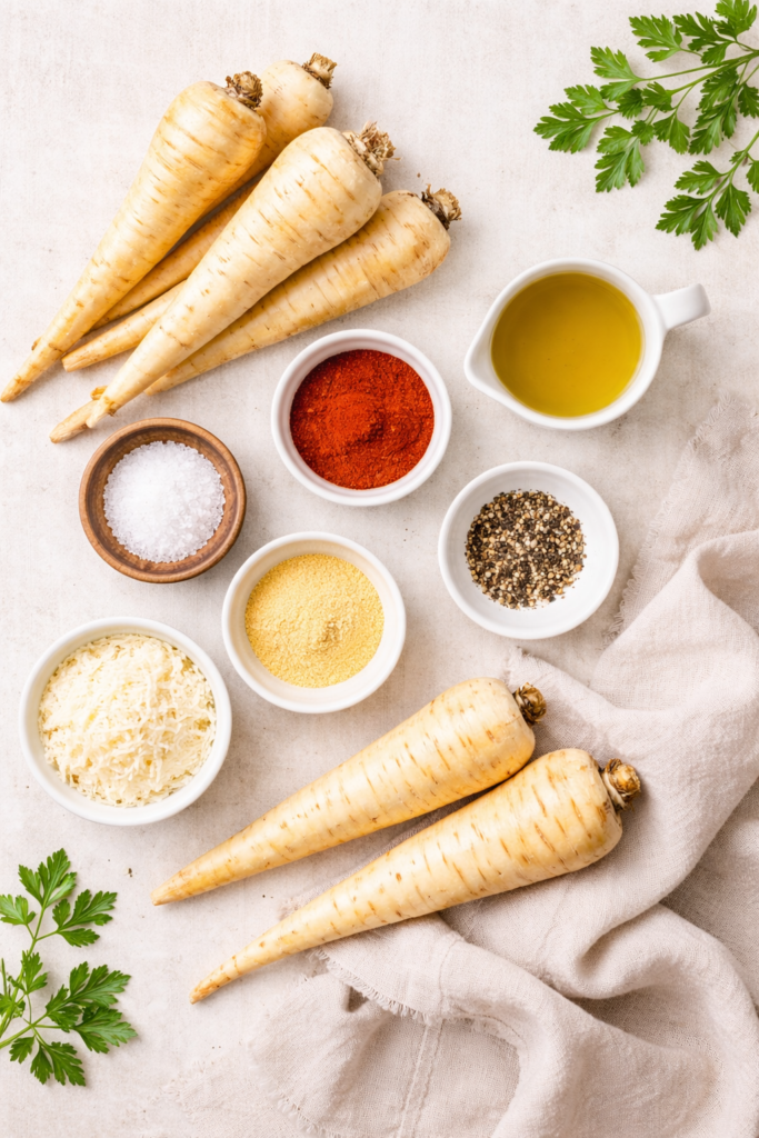 Flat lay of ingredients for crispy baked parsnip fries including fresh parsnips, olive oil, spices, and Parmesan on a light neutral background