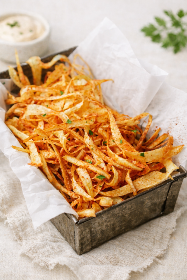 Crispy baked parsnip fries served in a rustic metal tray lined with parchment paper on a light linen background