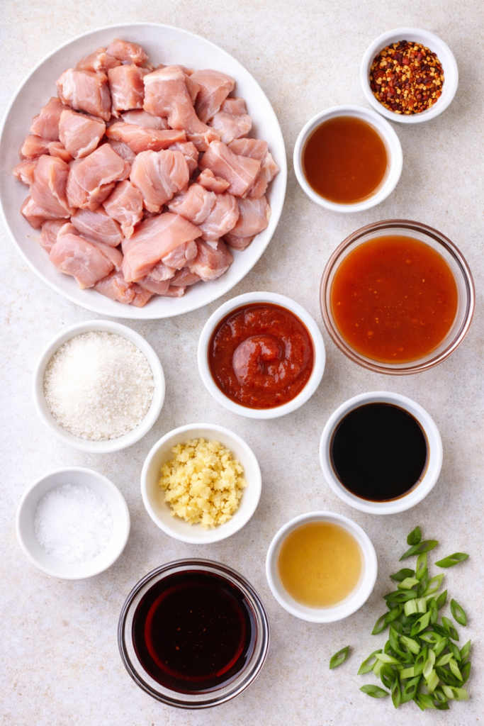 Flat lay of ingredients for crockpot bourbon chicken including raw chicken thighs, tomato sauce, coconut aminos, garlic, ginger, broth, vinegar, and scallions