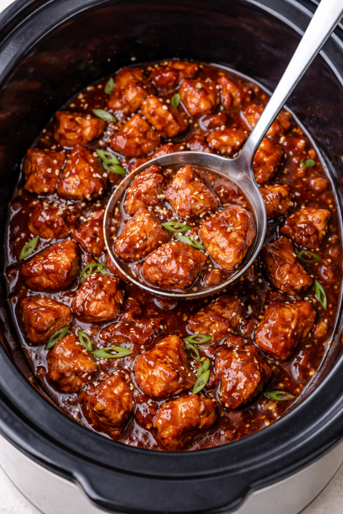 Slow cooker bourbon chicken coated in a thick glossy sauce with a ladle scooping tender chicken pieces