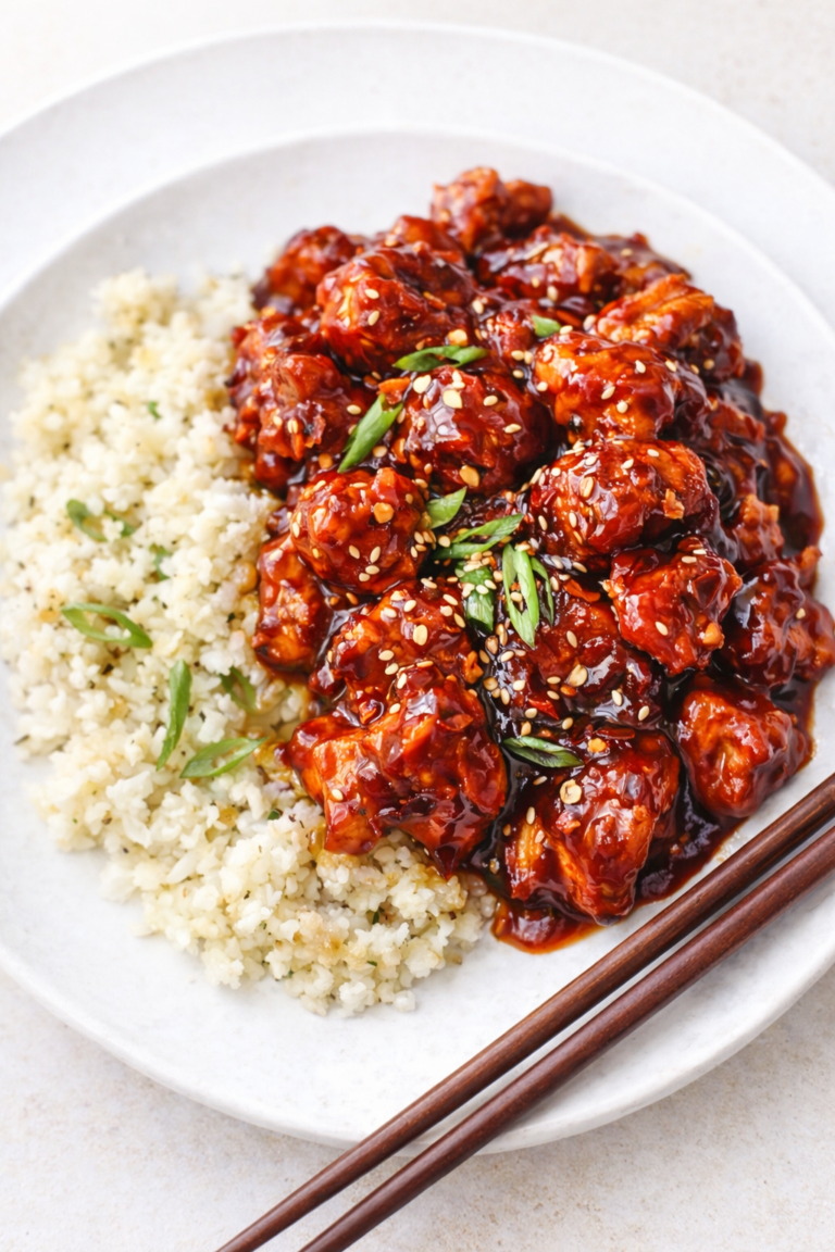 Crockpot bourbon chicken coated in a thick glossy sauce served over cauliflower rice with scallions and sesame seeds