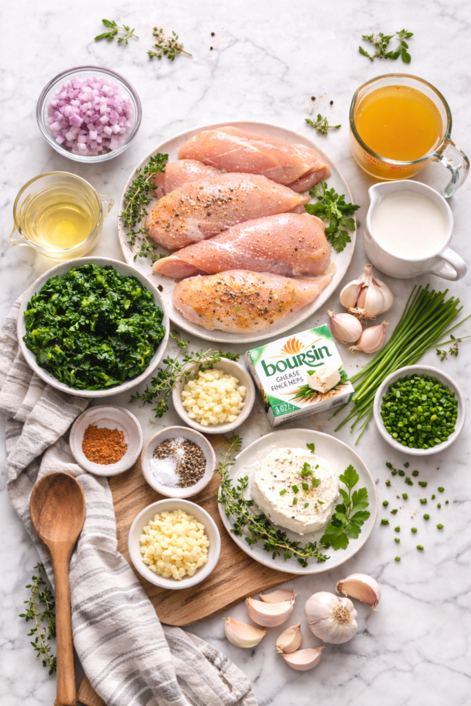 Flat lay of ingredients for creamy crockpot Boursin spinach chicken including chicken breasts, spinach, cream, broth, garlic, and cheese