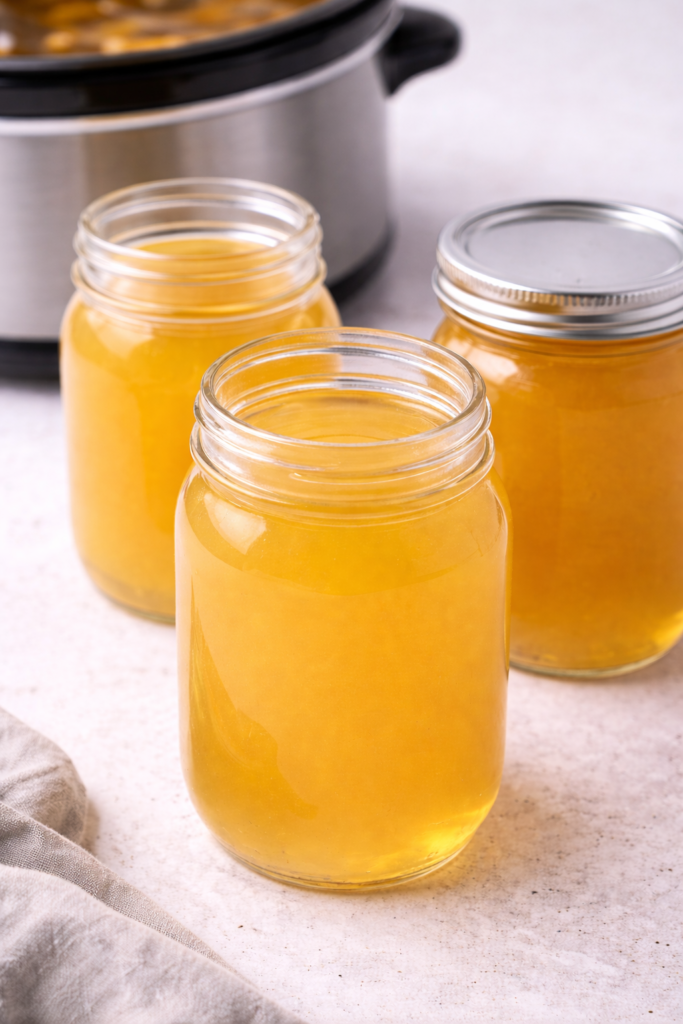 Clear homemade chicken pho broth stored in mason jars with a slow cooker in the background on a light neutral surface