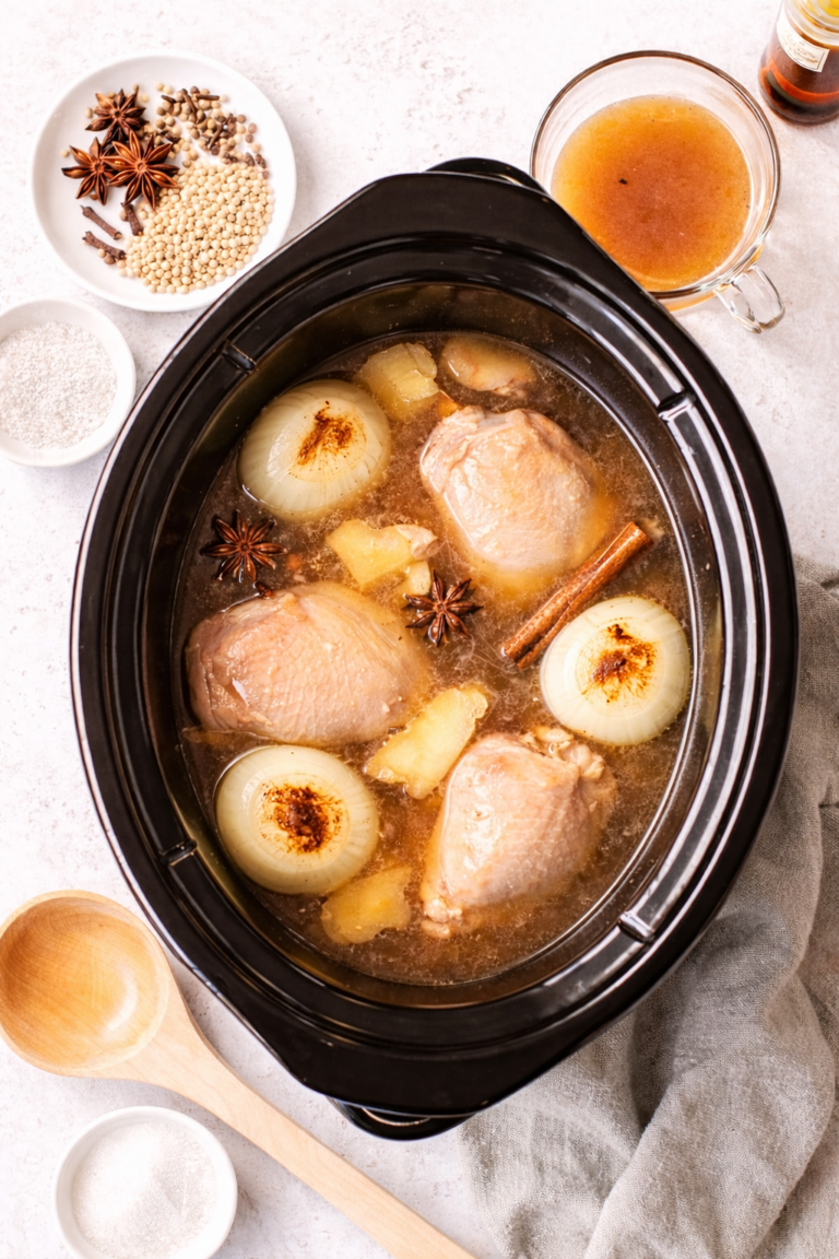 Light and bright top-down photo of homemade chicken pho broth cooking in a crockpot with chicken thighs, charred onions, ginger, star anise, and cinnamon