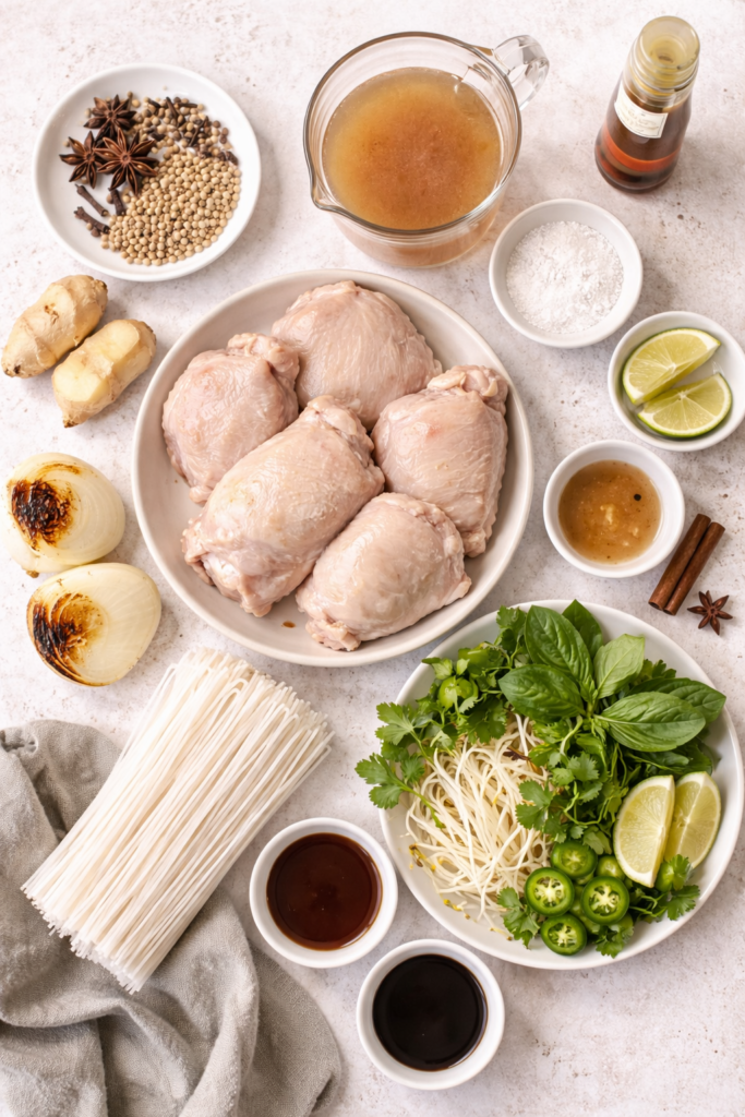 Flat lay of ingredients for crockpot chicken pho including chicken thighs, charred onions, ginger, star anise, cinnamon, coriander seeds, fish sauce, rice noodles, and fresh herbs