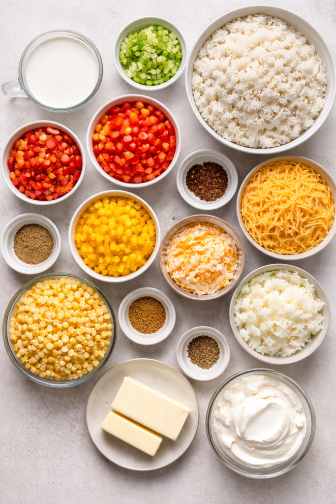 Flat lay of ingredients for crockpot green chile and sour cream rice casserole including rice, sour cream, cheese, bell peppers, corn, butter, milk, and spices.