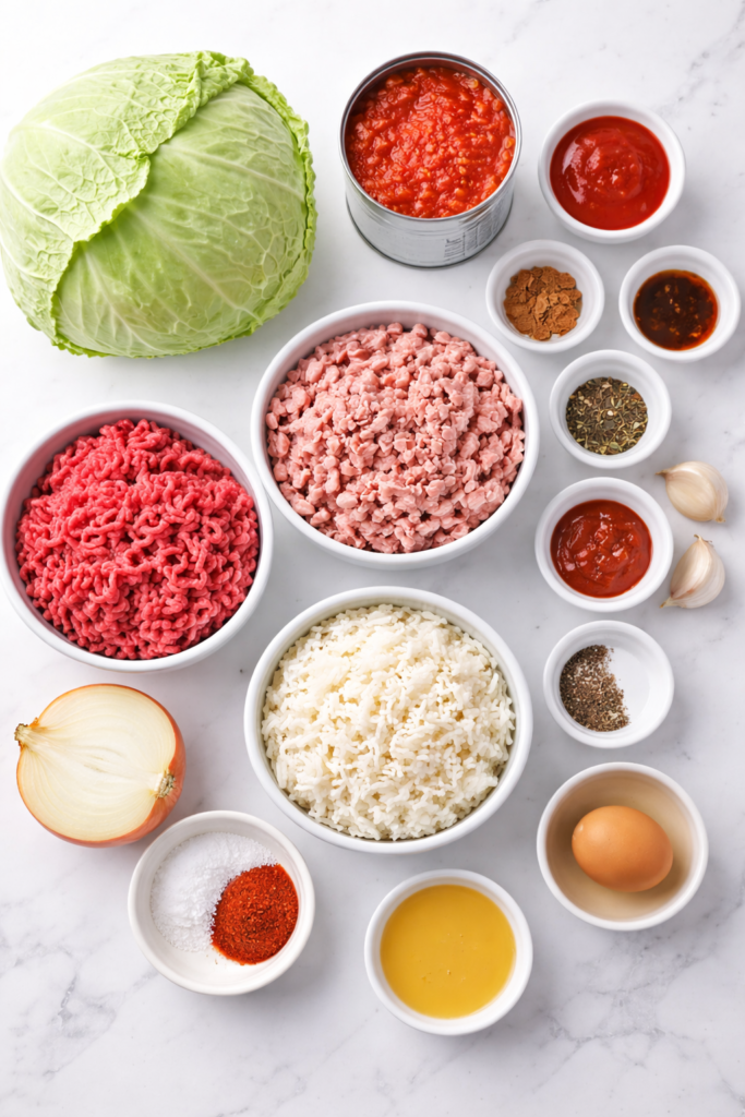 Ingredients for crockpot stuffed cabbage rolls including cabbage, ground beef, pork, rice, tomato sauce, and spices
