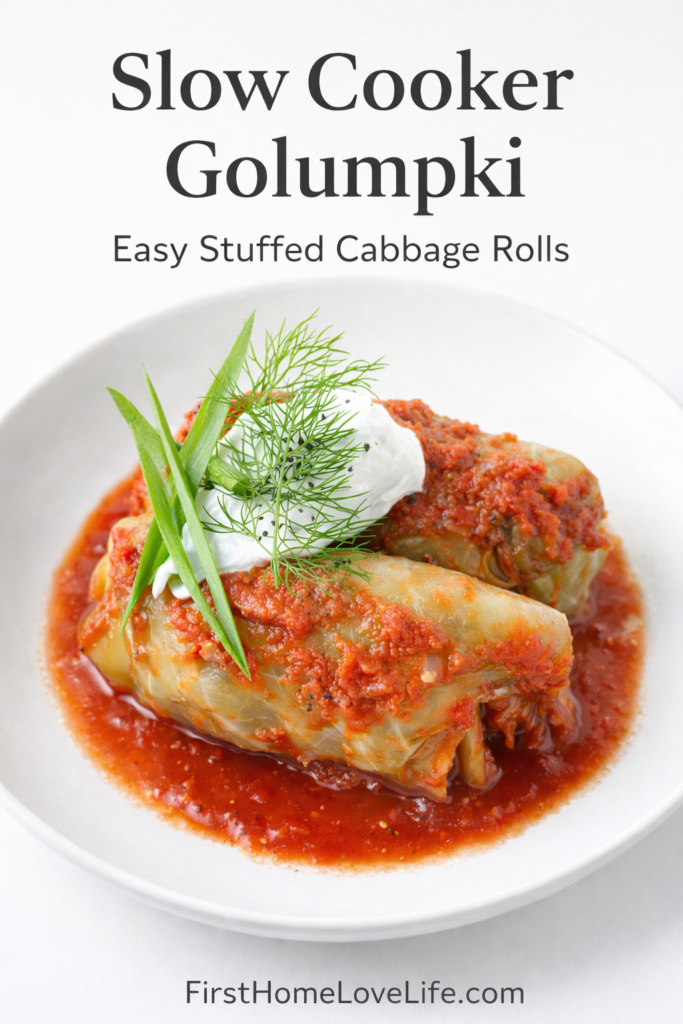 Crockpot stuffed cabbage rolls recipe with tomato sauce Pinterest graphic