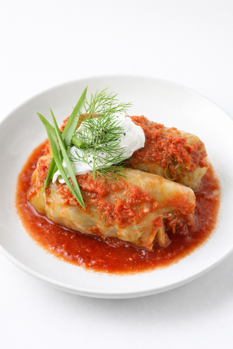 Plated crockpot stuffed cabbage rolls with tomato sauce and sour cream
